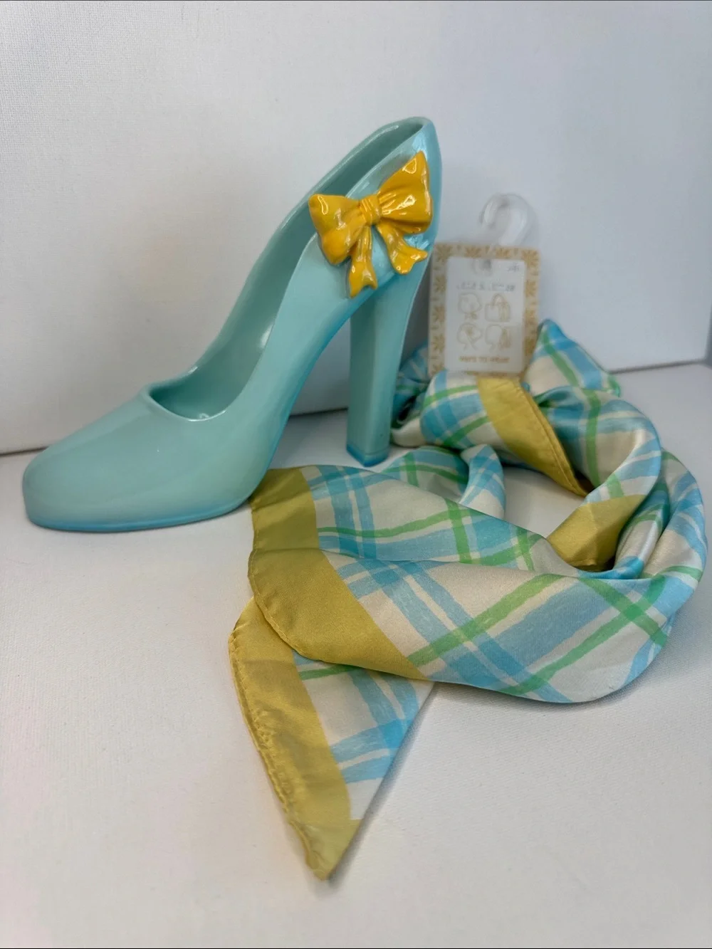 Blue Heel With Bow Decor & Plaid Scarf